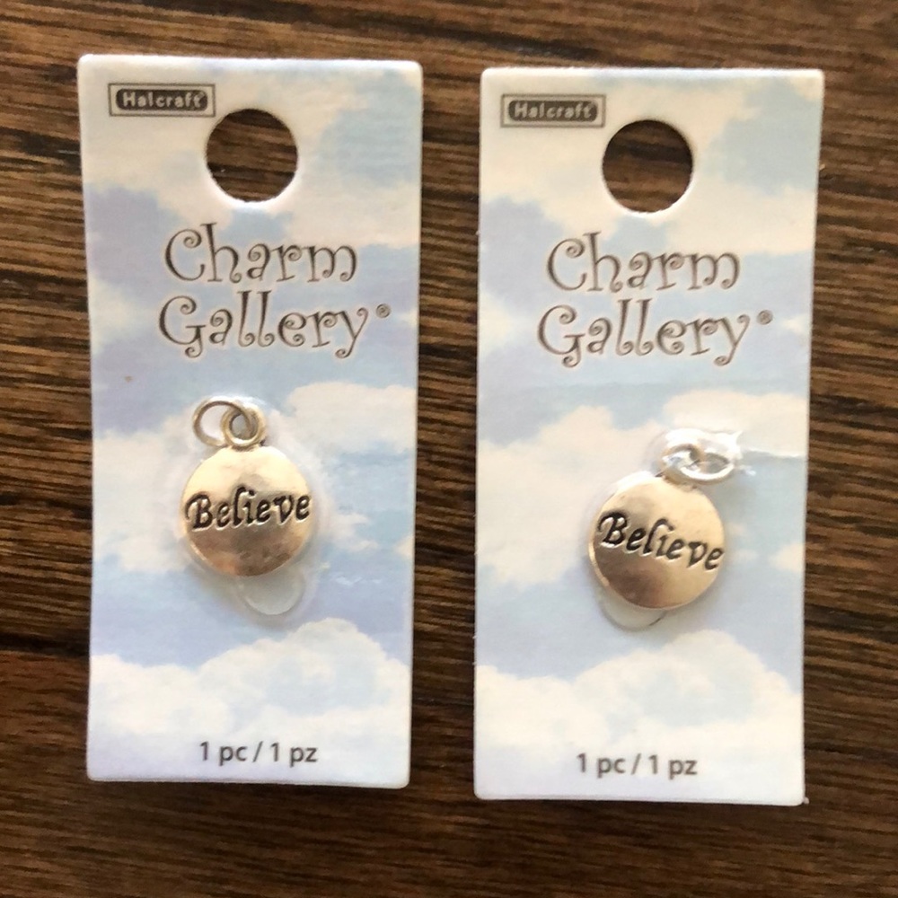 Charm gallery set of 2 believe sterling silver plated charms bracelet shoe tag